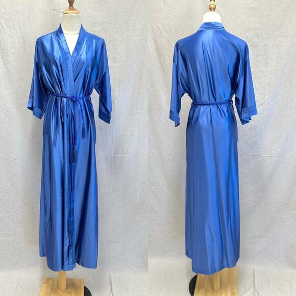 Val Mode vintage 70s blue satin maxi length robe with cord rope tie belt Small - Picture 16 of 16